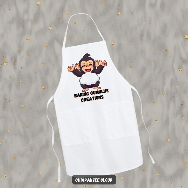 Funny delighted chimpanzee offering a cloud puff, a cheerful and humorous kitchen apron for a funny gift.