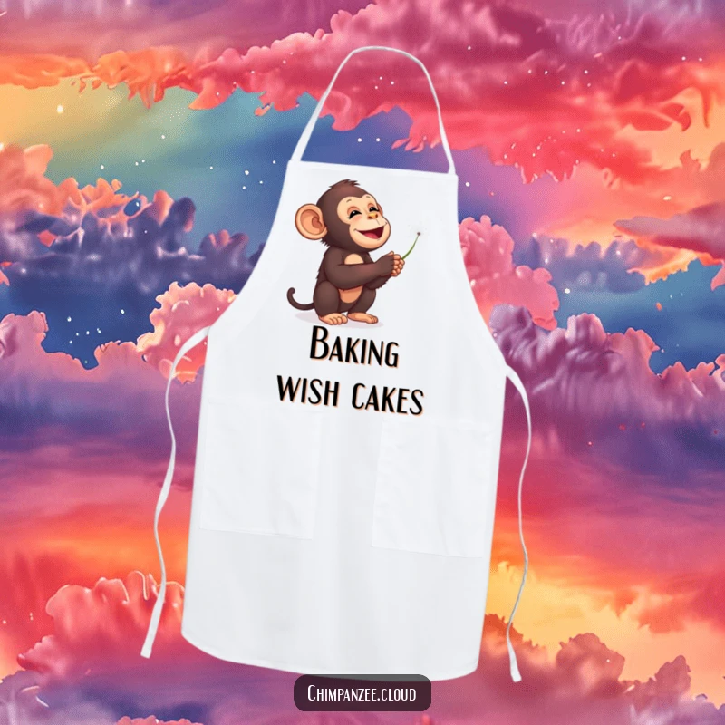 Funny chimpanzee apron, blowing dandelion seeds into starry sky during cooking, whimsical culinary wear.