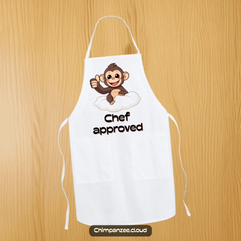 Funny chimpanzee giving a thumbs up from a cloud, printed on a practical apron for humorous and positive cooking experiences.