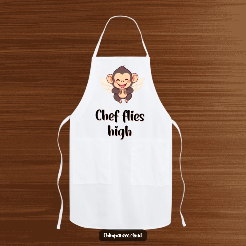 Funny chimpanzee with wings, smiling, soaring between clouds, wearing a whimsical apron for kitchen joy.