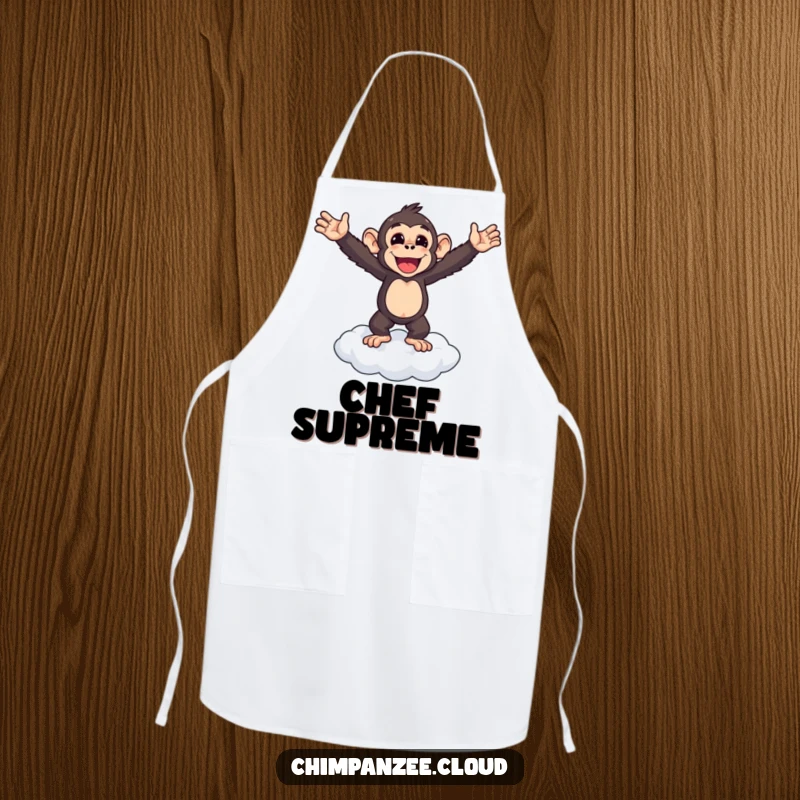 Funny chimpanzee standing triumphantly on a cloud, arms outstretched, wearing an apron, victory kitchen humor.
