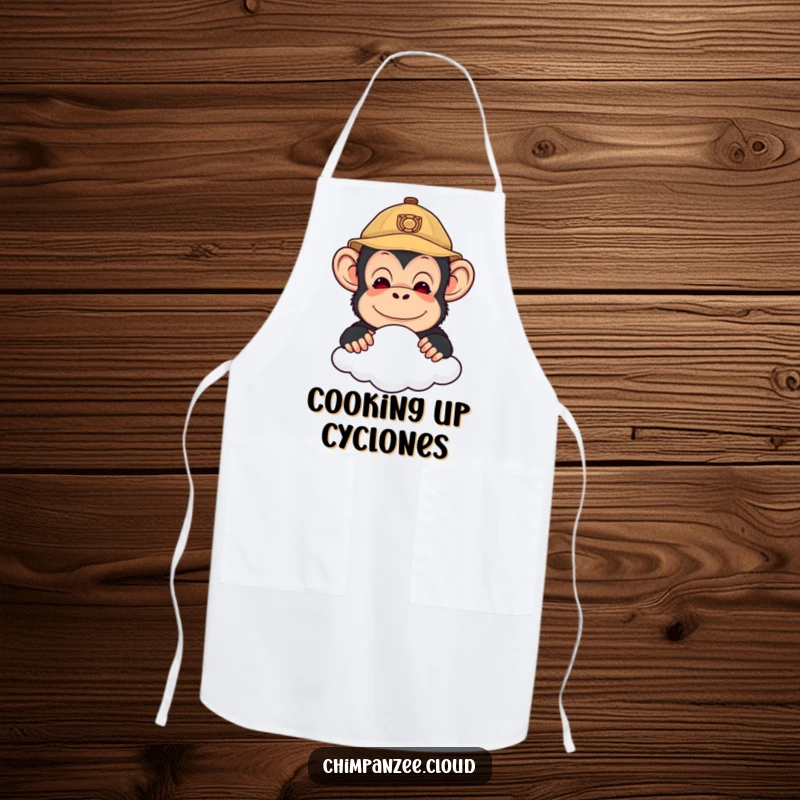 Funny apron with a cute chimpanzee explorer peering over a cloud, ready to protect clothes with a smile during kitchen tasks.