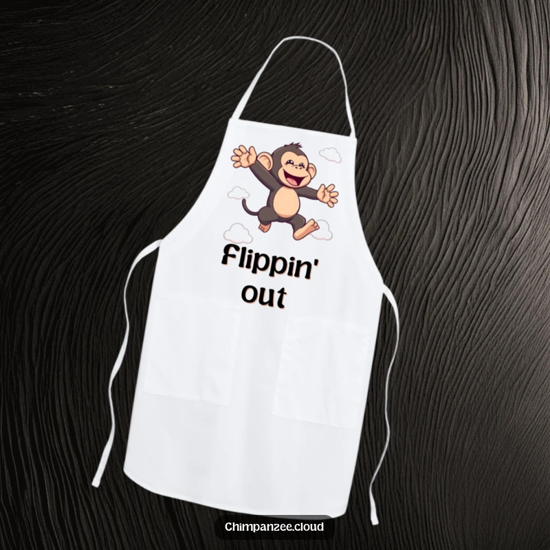 Funny bouncing chimp apron featuring a joyful chimpanzee leaping between clouds, great funny gift.