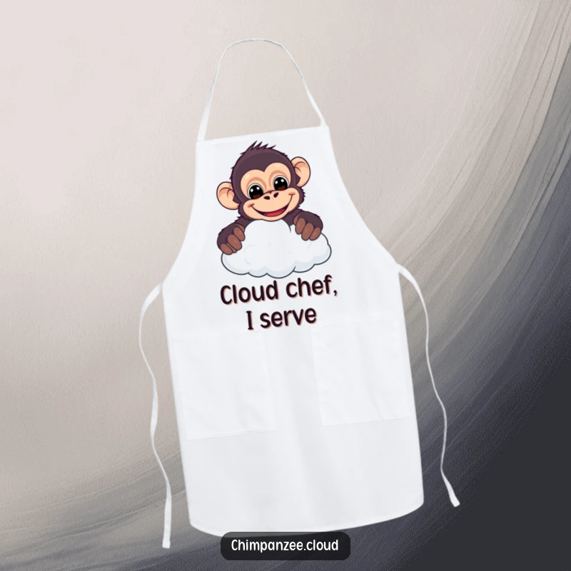Funny chimpanzee apron, cheeky character peeking from a cloud with a wide, mischievous grin, ideal for kitchen humor.
