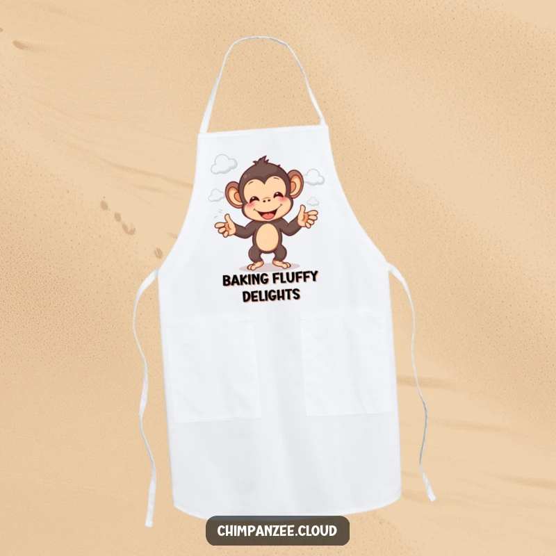 Funny chimp apron featuring a cheerful chimpanzee juggling fluffy white clouds.