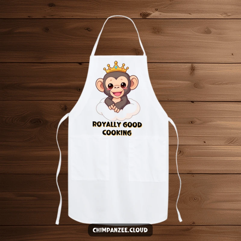 Funny Chimp Apron: Chef chimpanzee wearing a crown, riding a cloud while cooking, adding humor to the kitchen, a funny gift.