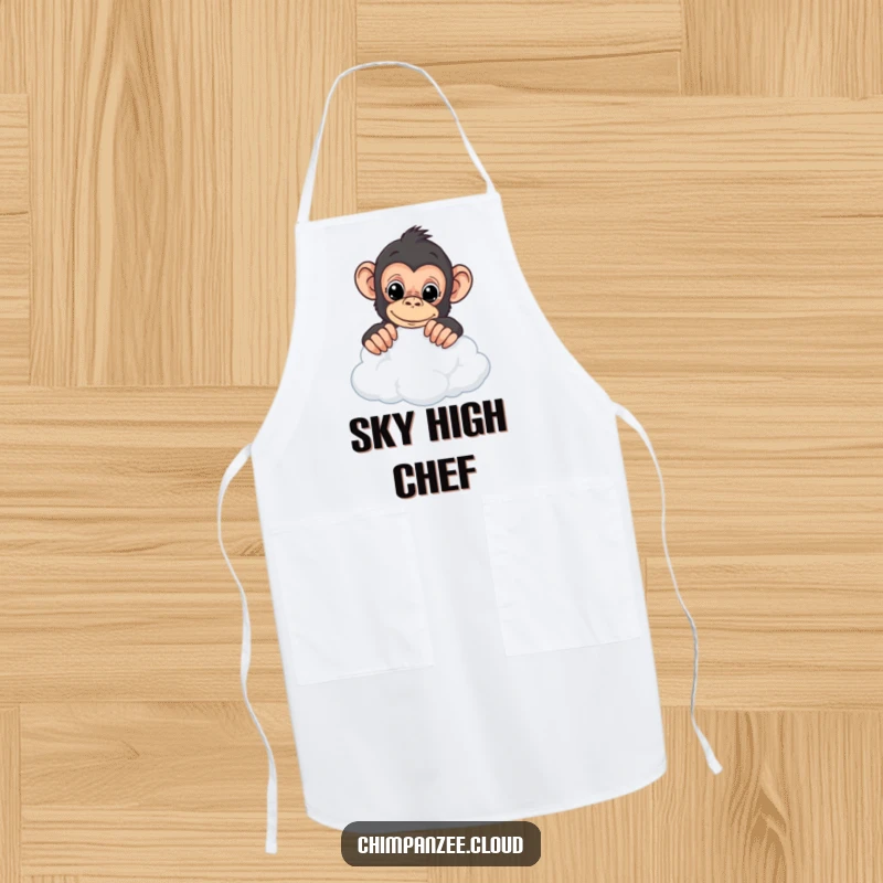 Funny chimpanzee apron showing a curious chimp peering over the edge of a cloud, ready for culinary adventures.