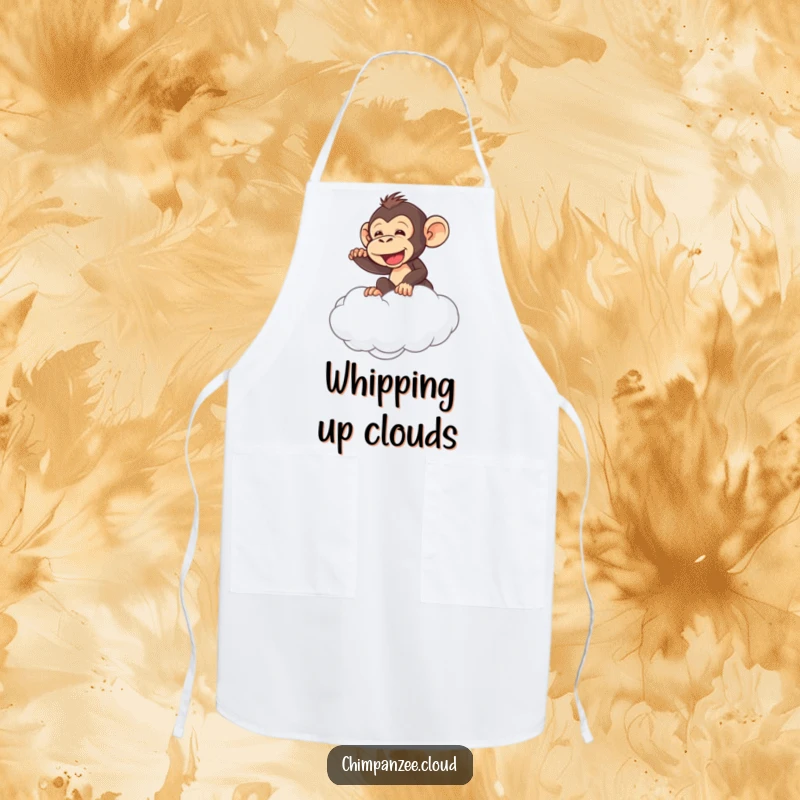 Funny chimpanzee riding a cloud, wearing a chef hat, culinary humor apron design.