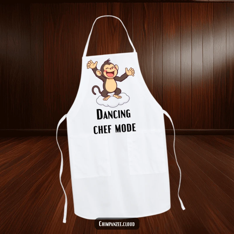 Funny apron featuring a joyful chimpanzee dancing on a cloud, ideal for bringing fun to the kitchen.
