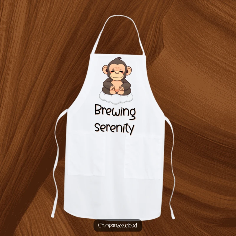 Funny chimpanzee meditating on a cloud, wearing an apron, peaceful kitchen humor.