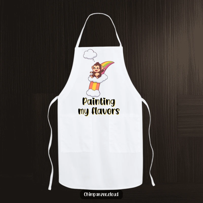 Funny Apron: Playful chimpanzee slides down a rainbow, embodying the fun and joy of cooking.