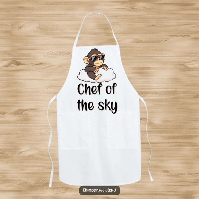 Funny chimpanzee wearing sunglasses lounging on a cloud, a humorous kitchen apron for a funny gift.