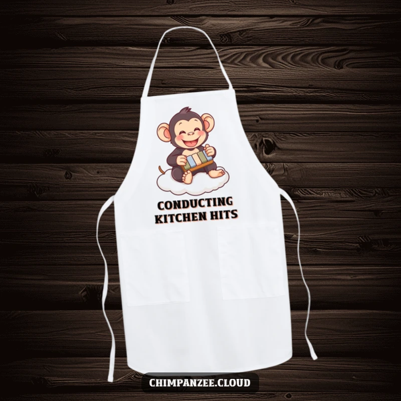 Funny chimpanzee apron playing a tiny xylophone on a cloud, perfect kitchen wear for chefs who appreciate humor and music.