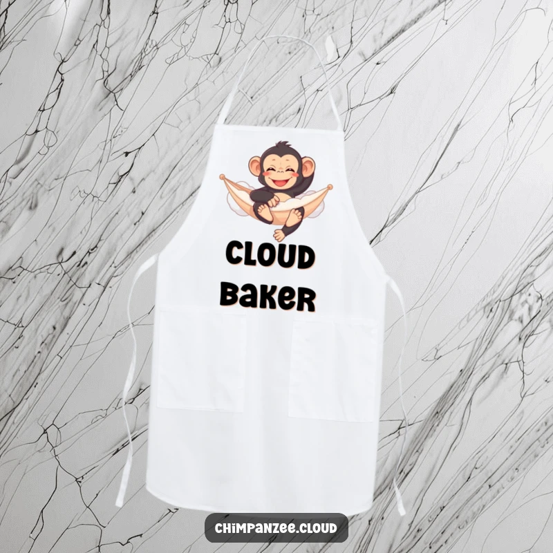 Funny chimpanzee apron, relaxing on a cloud hammock while cooking, serene and humorous culinary wear.