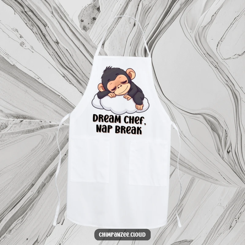 Funny chimpanzee napping on a cloud, a humorous apron for kitchen fun and mess protection, a great gift.