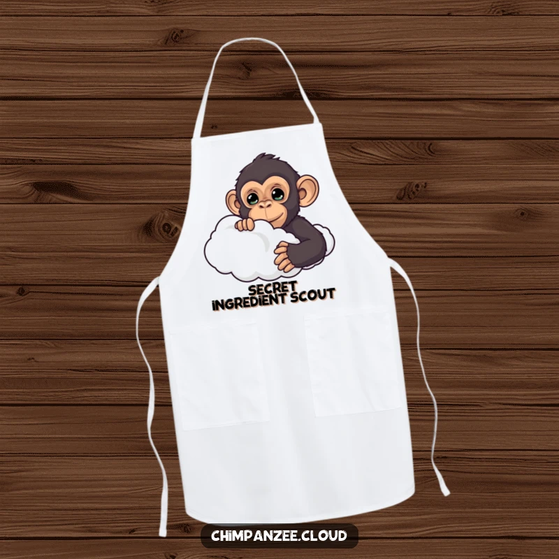 Funny chimpanzee peeking from behind a cloud, featured on a kitchen apron, making cooking activities more humorous and engaging.