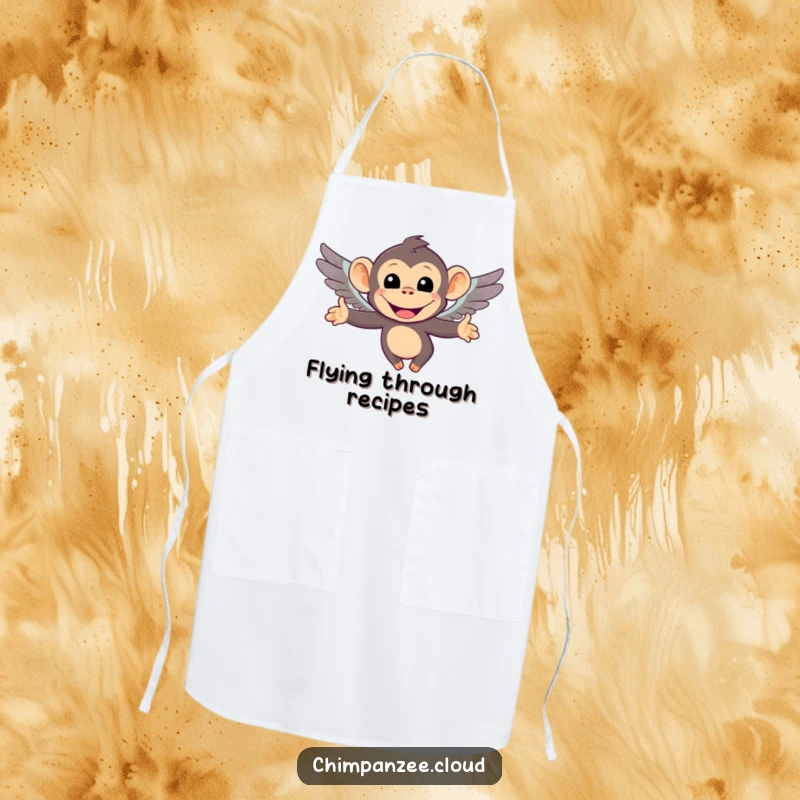 Funny apron showing a smiling chimpanzee character with tiny wings, perhaps struggling to stay aloft. A humorous kitchen essential.