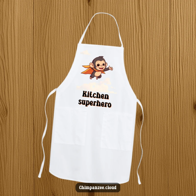 Funny chimpanzee wearing a tiny cape, soaring through clouds, printed on a practical apron for humorous and heroic kitchen tasks.