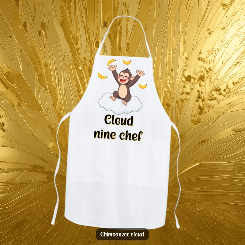 Funny chimpanzee juggling bananas on a fluffy cloud, a stylish apron, perfect funny gift for cooks.