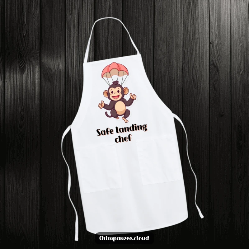 Funny apron showing a playful chimpanzee character using a tiny parachute while cooking. A humorous and practical kitchen accessory.