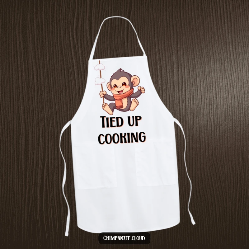 Funny apron showcasing a playful chimpanzee in a scarf, swinging from cloud wisps, bringing whimsical fun to kitchen tasks.