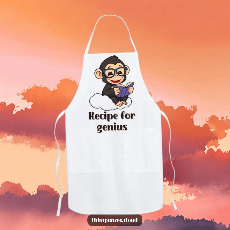 Funny apron with a happy chimpanzee in glasses, reading a book on a cloud, ready for kitchen adventures.