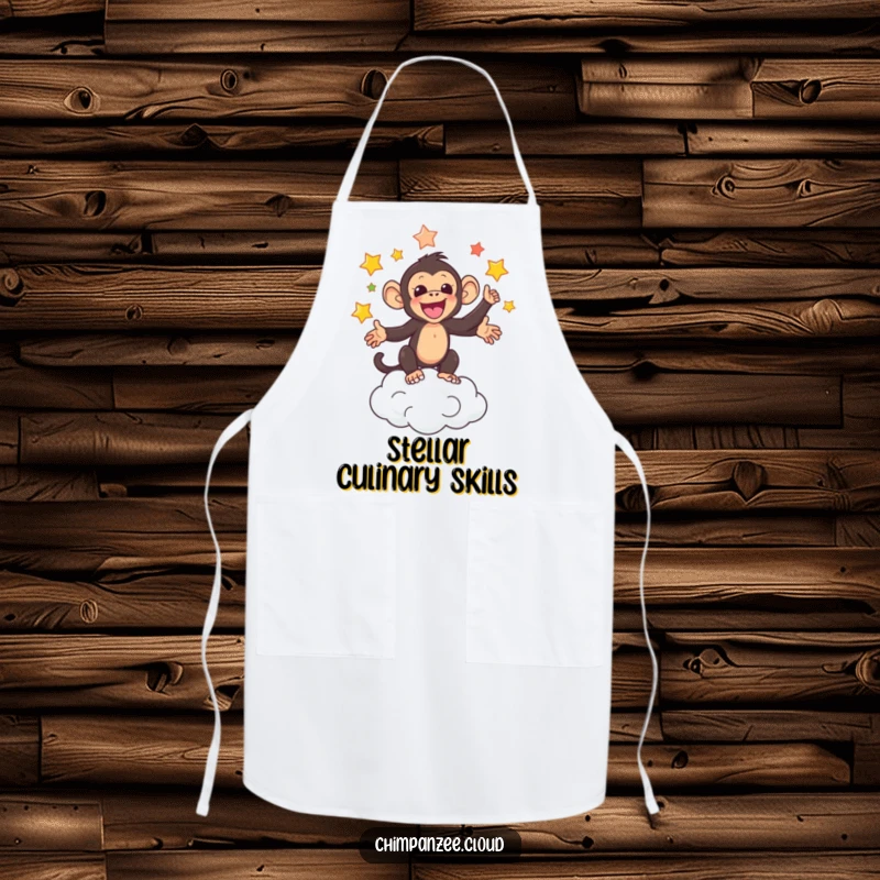 Funny apron with an adorable chimpanzee juggling colorful stars above a cloud, ready for cosmic cooking.
