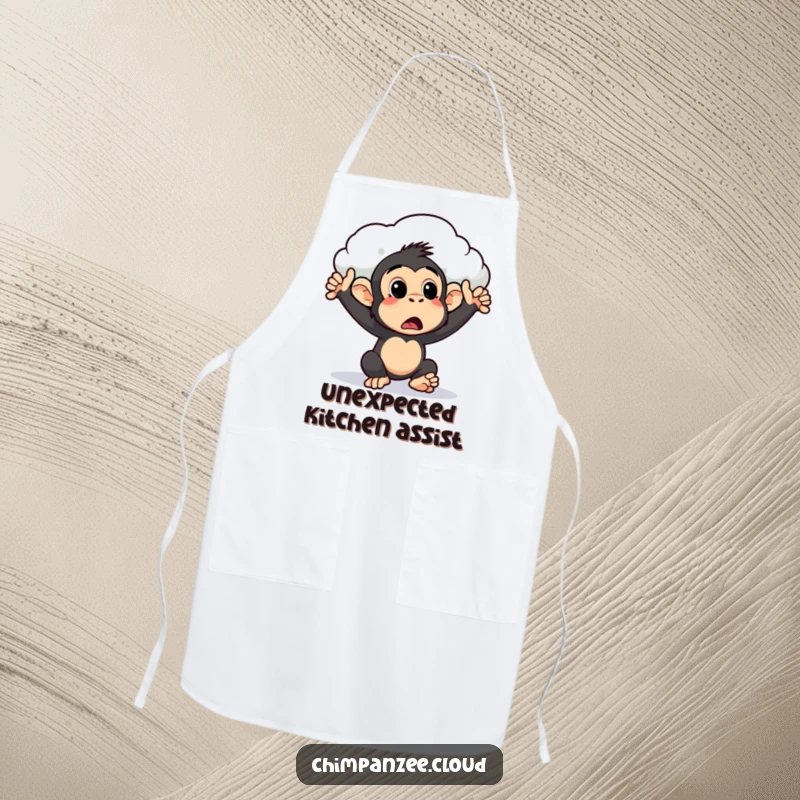 Funny surprised chimpanzee apron being gently pushed by a cloud, perfect kitchen wear for chefs who enjoy humorous moments.