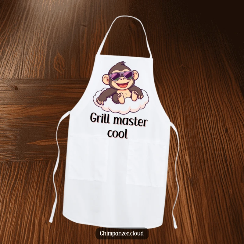 Funny apron showcasing a happy chimpanzee in sunglasses sliding down a cloud, adding a cool and humorous element to cooking.