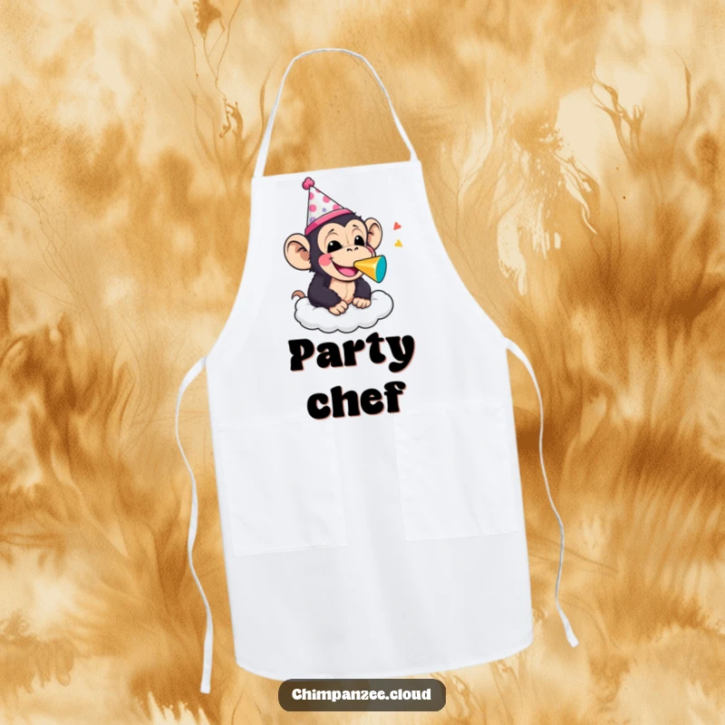 Funny chimpanzee in a party hat blowing a noisemaker on a cloud, printed on a practical apron for humorous and festive cooking.