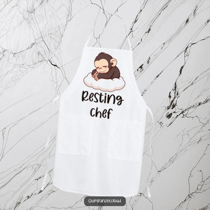 Funny sleeping chimp apron featuring a peaceful chimpanzee curled up on a cloud, great funny gift.