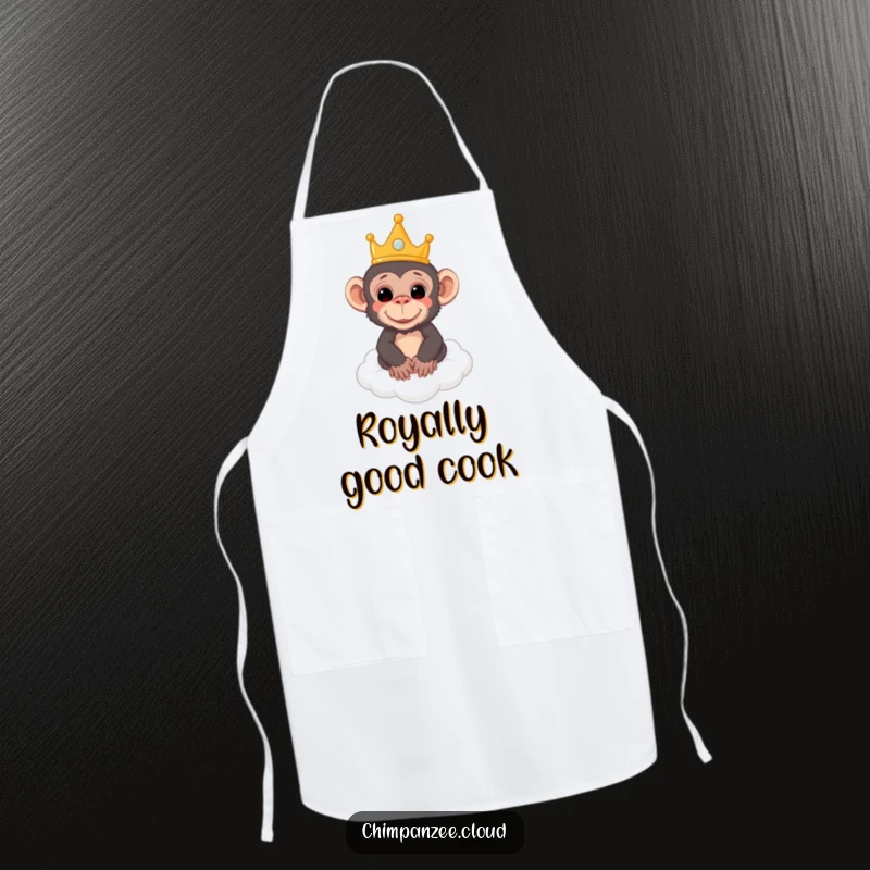 Funny apron with a design of a chimpanzee wearing a crown, floating on a cloud, a majestic kitchen accessory.