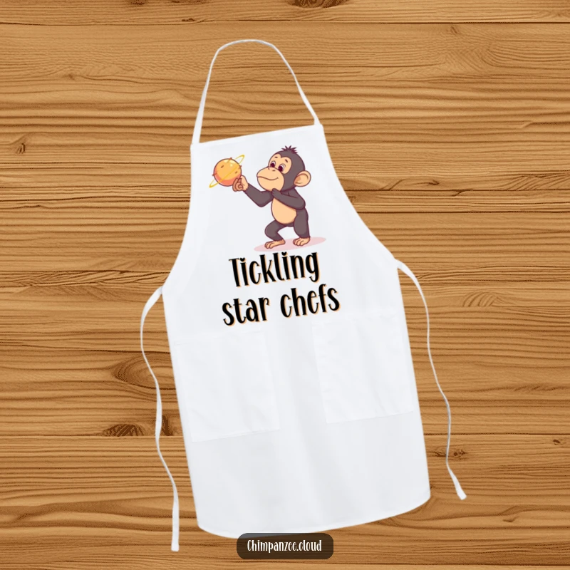Funny chimpanzee apron, tickling a comet during cooking, humorous kitchen wear, space-themed culinary fun.
