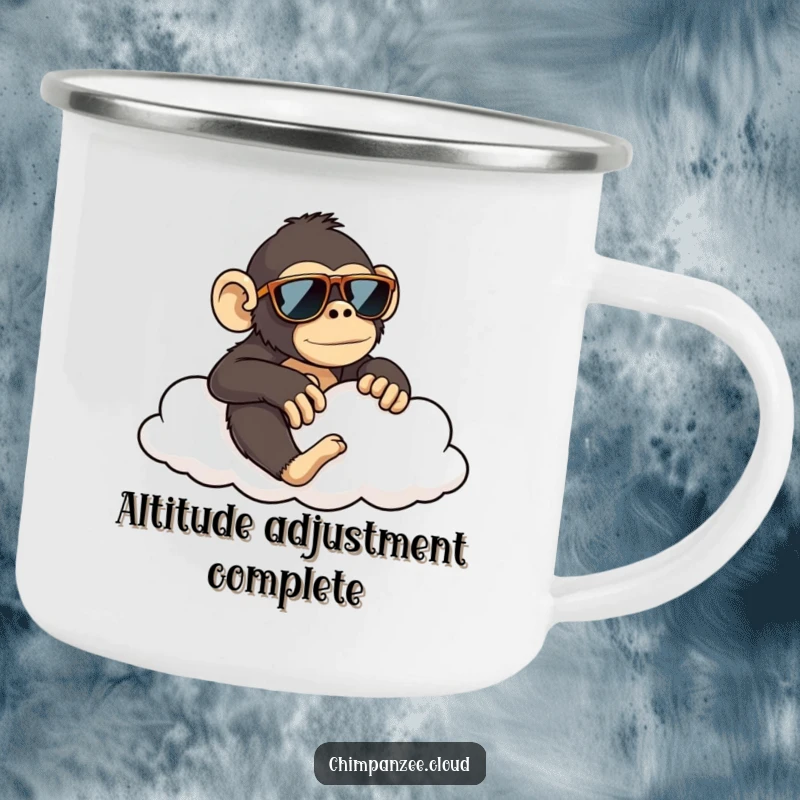 Funny chimpanzee wearing sunglasses lounging on a cloud, a durable and humorous camping mug for a funny gift.