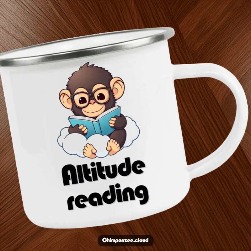 Funny Chimp Campfire Mug: A fluffy chimp with glasses reads a book on a cloud, perfect for outdoor humor.