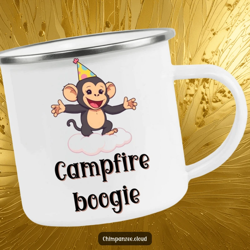 Funny Chimp Party Camp Mug: A cheerful chimpanzee dances on a cloud, humorous for outdoor celebrations.