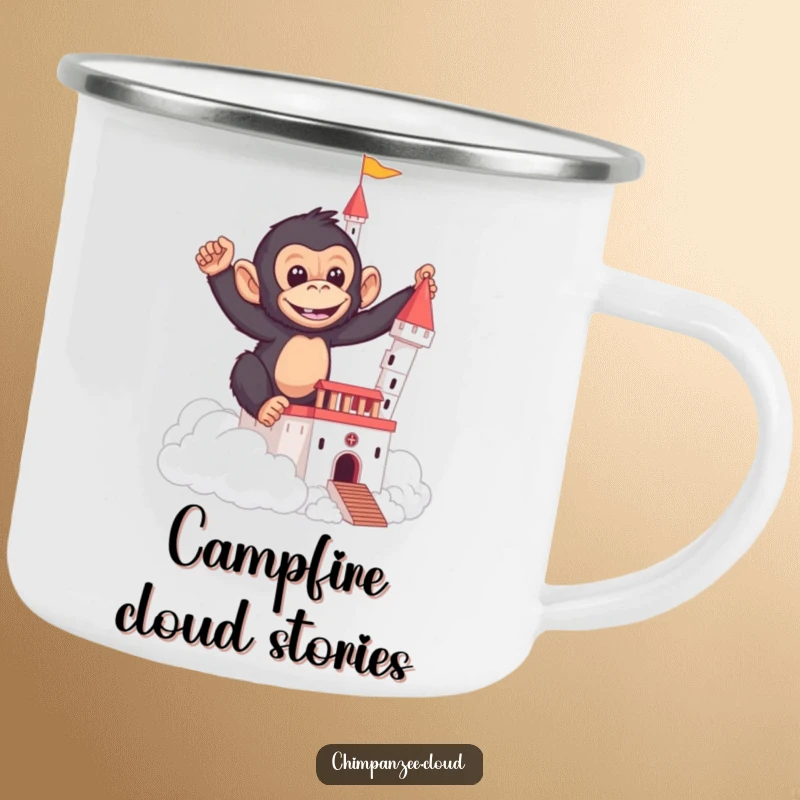 Funny camping mug showing a mischievous chimpanzee building a castle out of soft, white clouds.