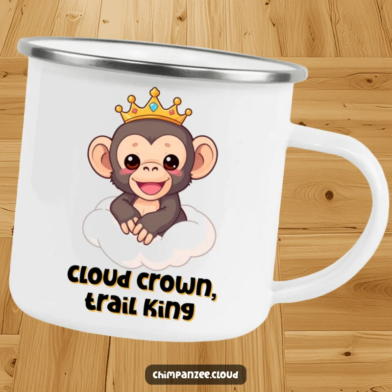Funny Chimp Camping Mug: Durable enamel mug with a crowned chimpanzee riding a fluffy cloud, perfect for outdoor humor, a funny gift.