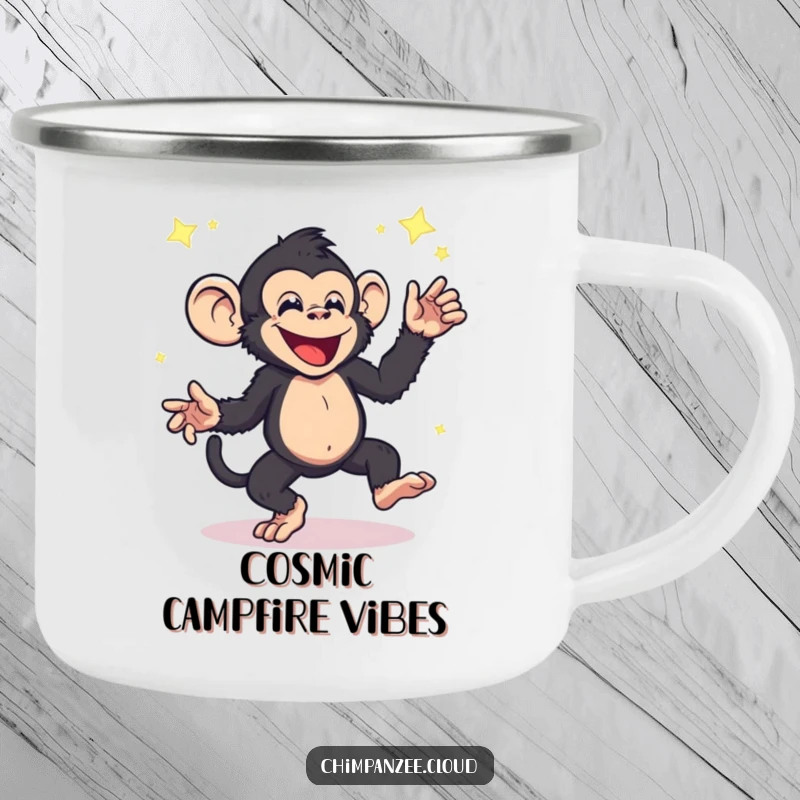 Funny chimpanzee camping mug, energetic character dancing with enchanting star dust, ideal for outdoor enthusiasts needing humor.