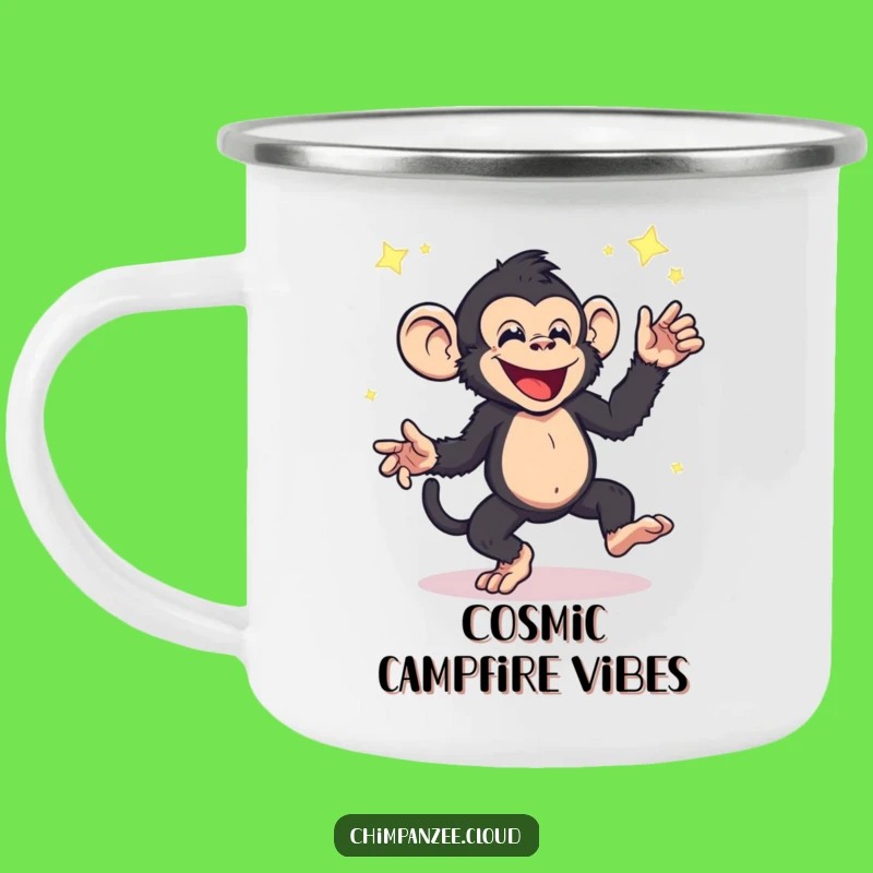 Funny Energetic Chimpanzee Camping Mug - Cosmic Dance Adventure Cup
