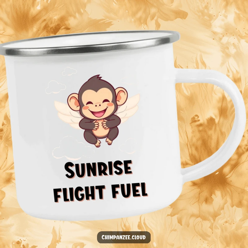 Funny chimpanzee with wings, smiling, soaring between clouds, durable camping mug for heavenly adventures.