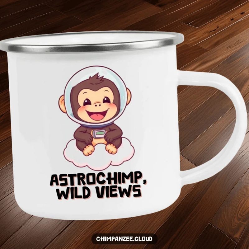 Funny chimpanzee astronaut helmet, floating on a cloud, cheerful, durable camping mug for outdoor enthusiasts.