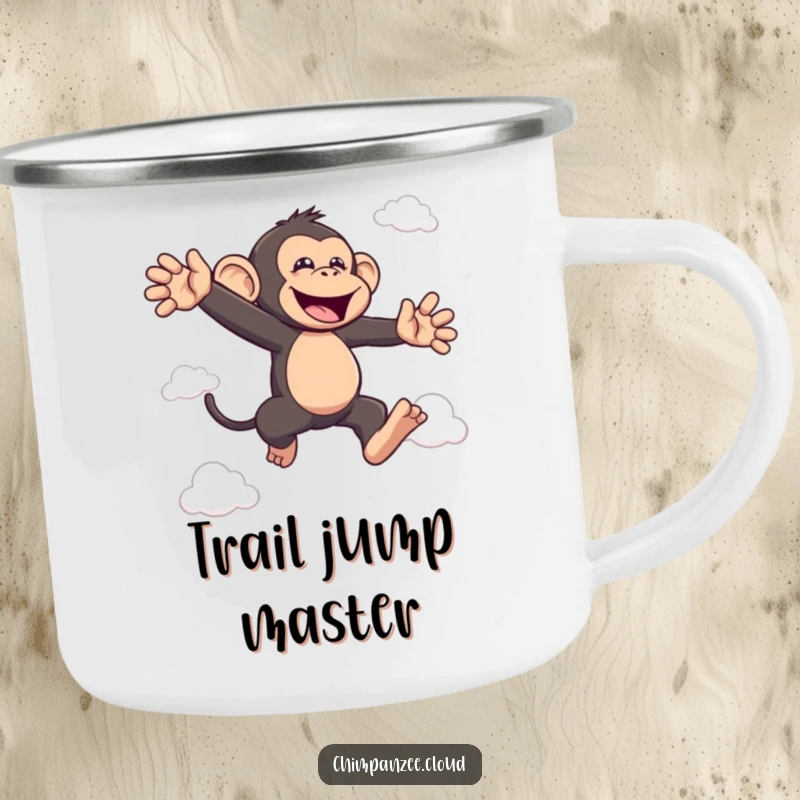 Funny bouncing chimp camping mug with a joyful chimpanzee leaping between clouds, perfect funny gift.