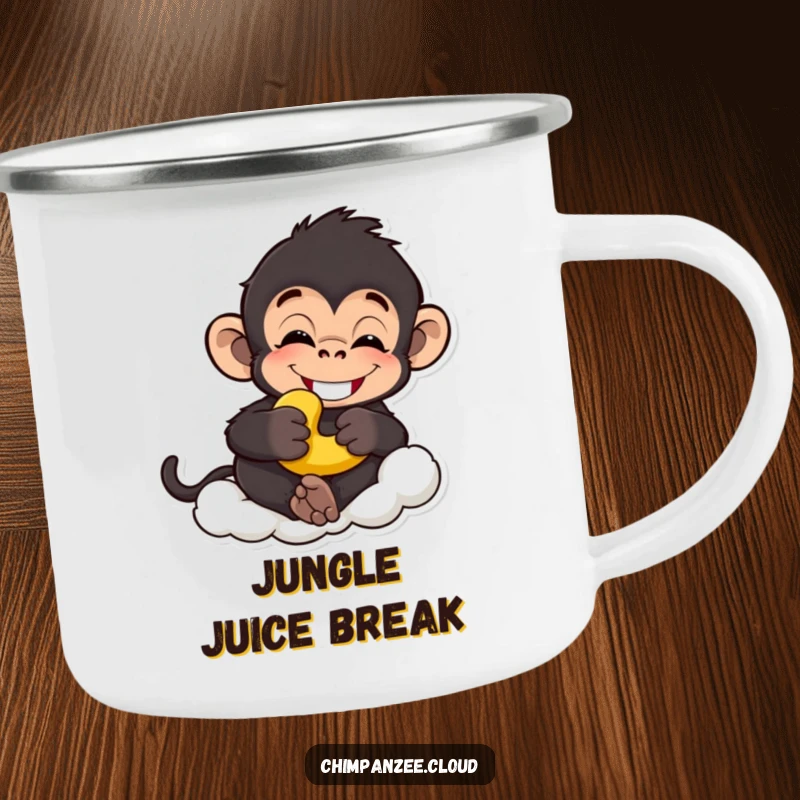 Funny chimp camping mug with a grinning chimpanzee holding a banana, relaxed on a cloud, perfect funny gift.