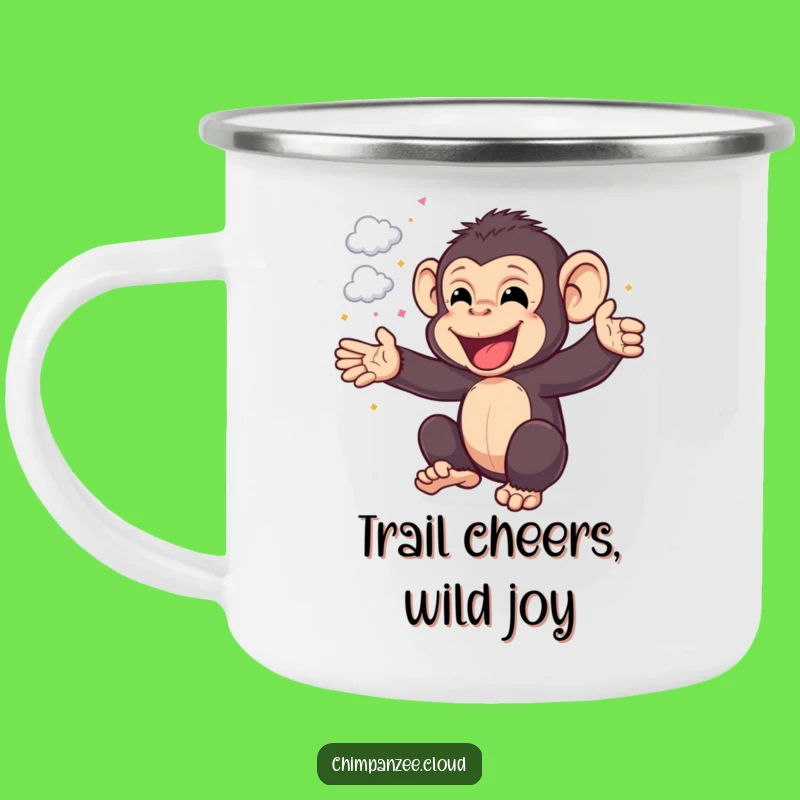 Funny Chimp Camp Mug: Cheerful Chimpanzee Celebrating with Cloud Confetti, Adventure Funny Gift!