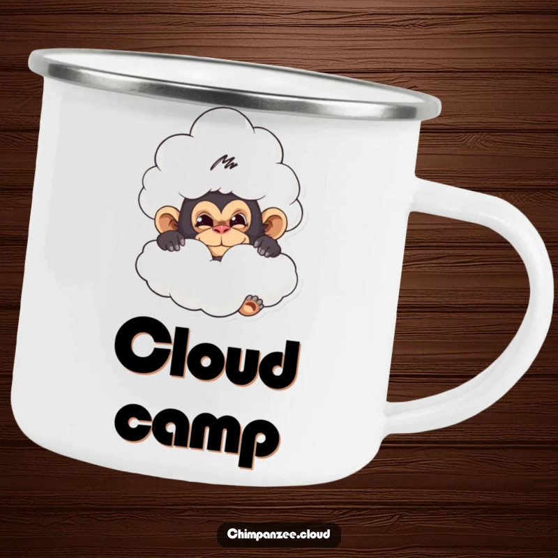Funny enamel camping mug with a mischievous chimpanzee hiding behind a cloud, perfect for outdoor whimsy.