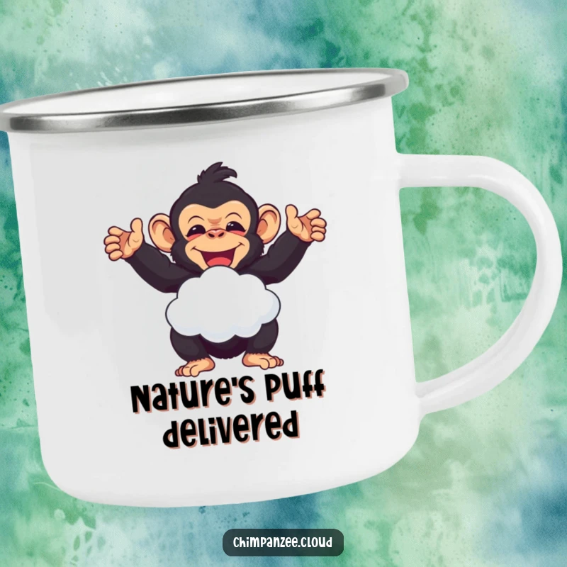 Funny delighted chimpanzee offering a cloud puff, a durable humorous camping mug for a funny gift.