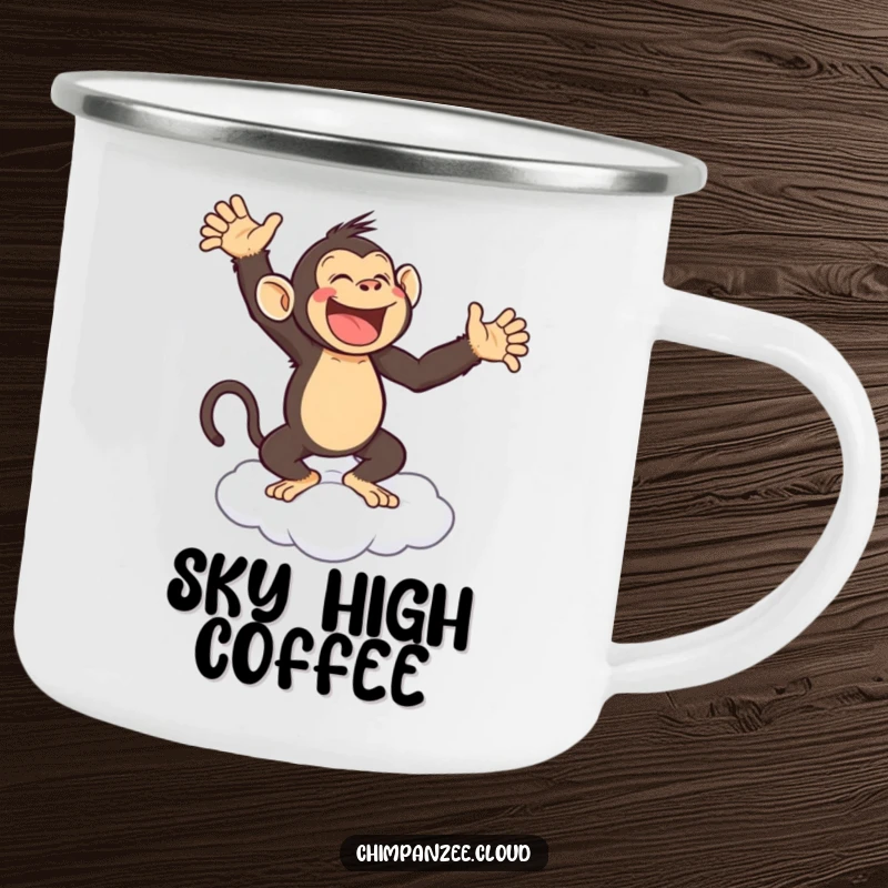 Funny camping mug with a joyful chimpanzee dancing on a cloud, designed for outdoor enjoyment.
