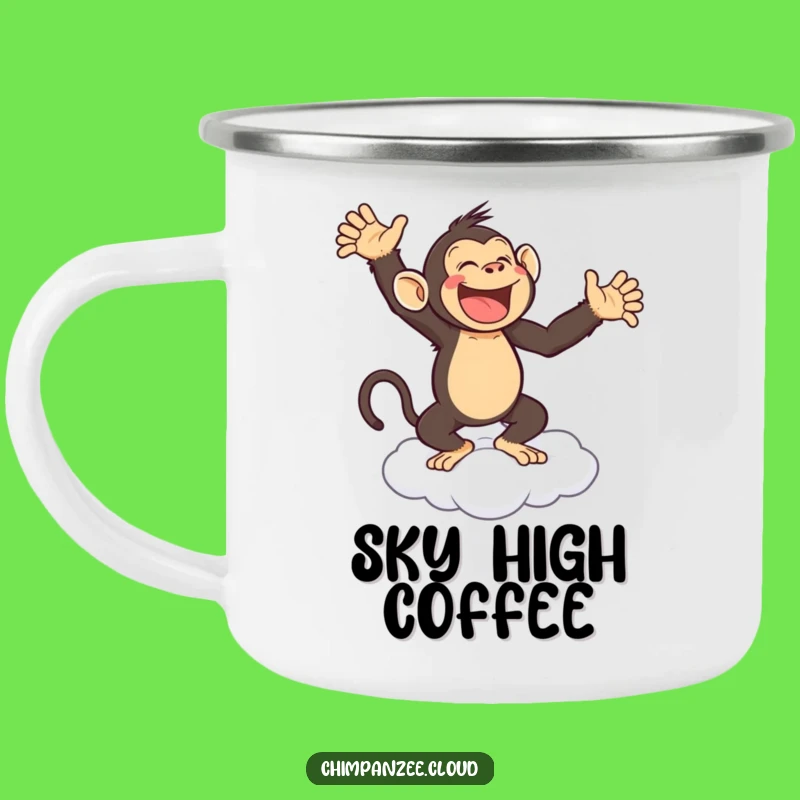 Funny Chimp Dance Camping Mug: Joyful Monkey Cloud Outdoor Fun