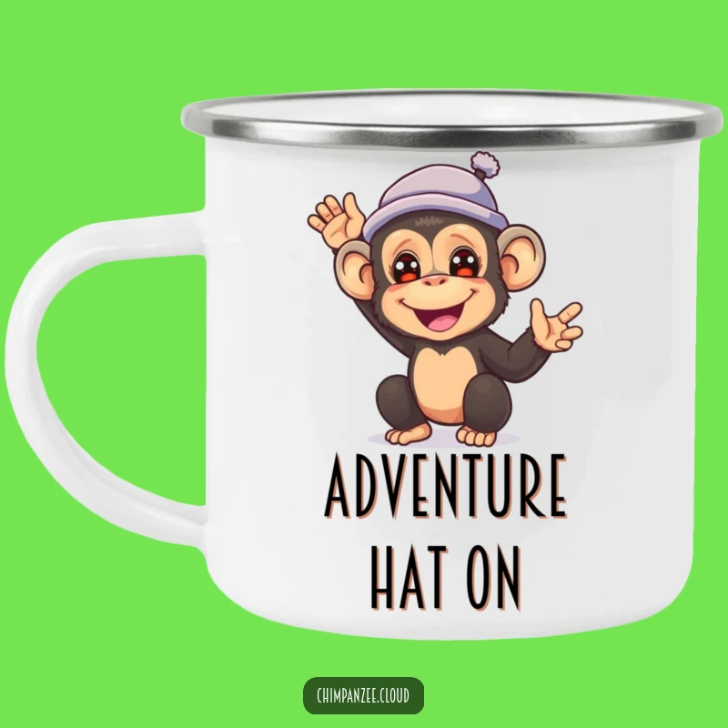 Funny Chimp Hat Waving Camping Mug - Rugged & Hilarious Outdoor Sip Gift